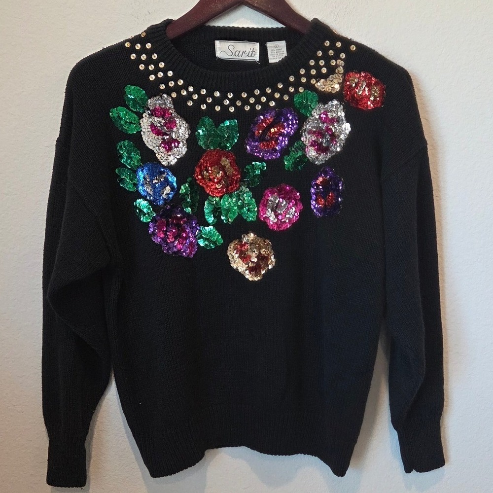 Vintage Black Sequin Floral Embellished Sweater‎ Women's Size L